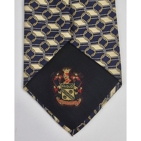 PAOLO GUCCI 100% Silk Tie‎ Made in Italy-Yellow Gold Navy Blue Chain Designer - Picture 3 of 7